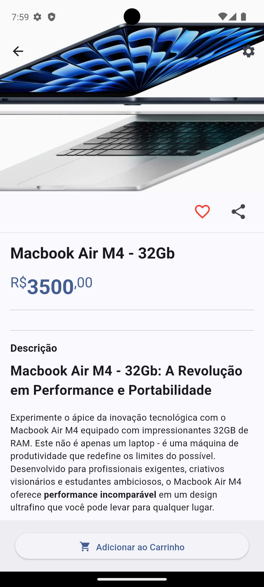 Detalhes do produto - Adicione aos favoritos, ao carrinho ou compartilhe com o cliente