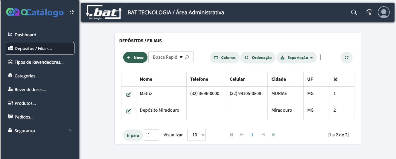 Cadastro de Filiais/Depósitos